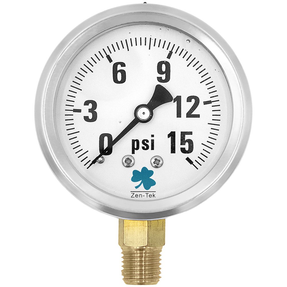 (image for) Zenport Zen-Tek Pressure Gauge LPG15 Liquid Glycerin Filled Pressure Gauge, 0-15 Psi