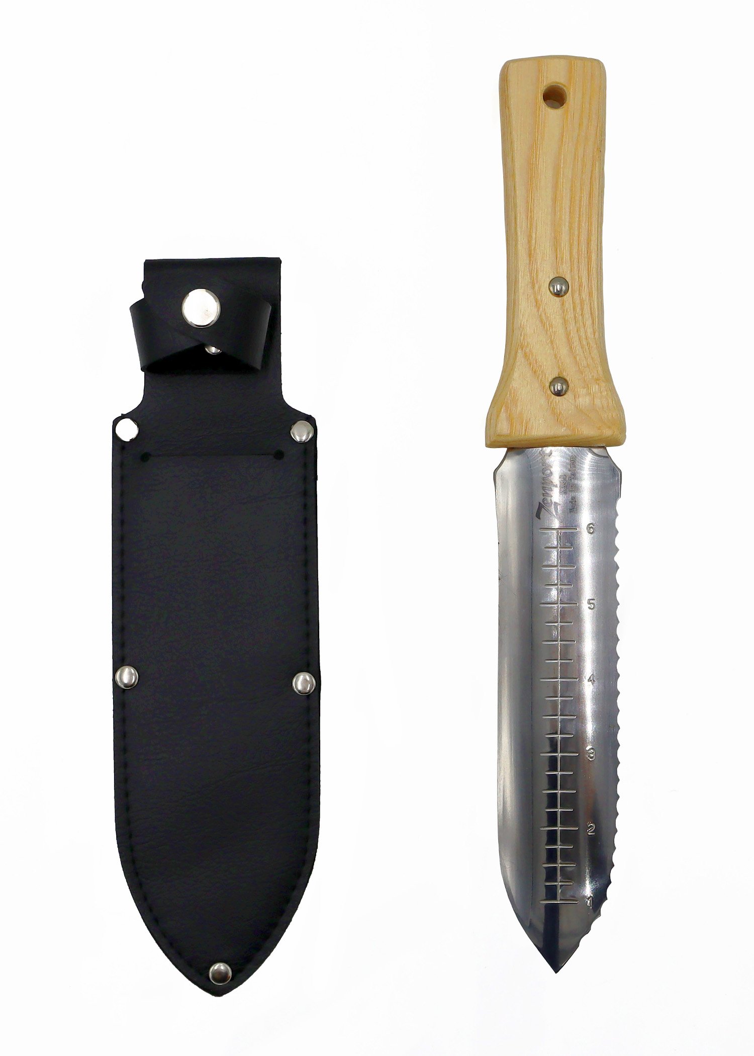(image for) Zenport Soil Knife K248 Deluxe ZenBori Soil Knife Wooden Handle with Sheath, Ultimate Gardening Tool, Japanese Hori Hori Knives