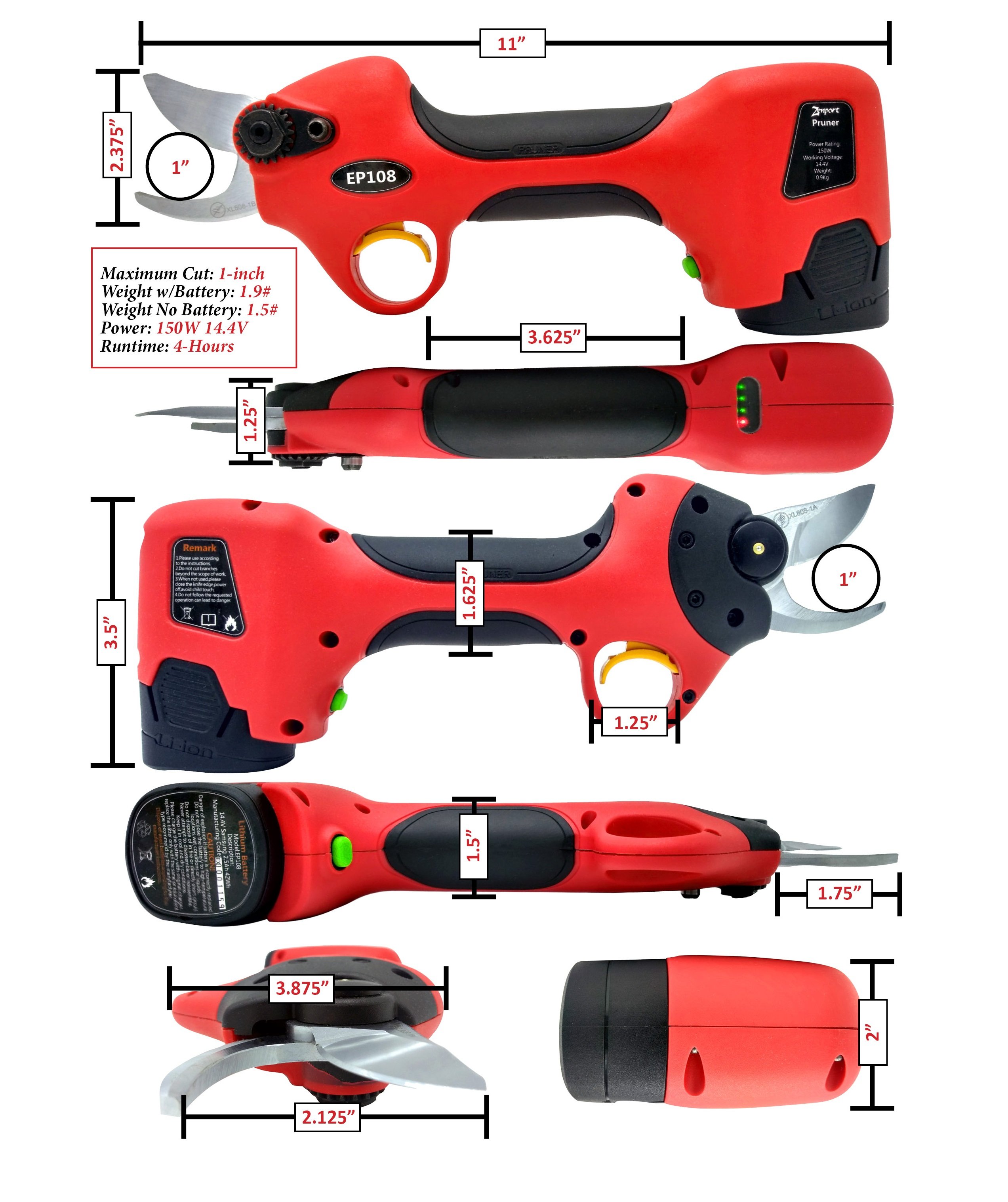 (image for) Zenport Cordless Pruner EP108 ePruner Small Battery Powered Electric Pruner, 1-Inch Cut
