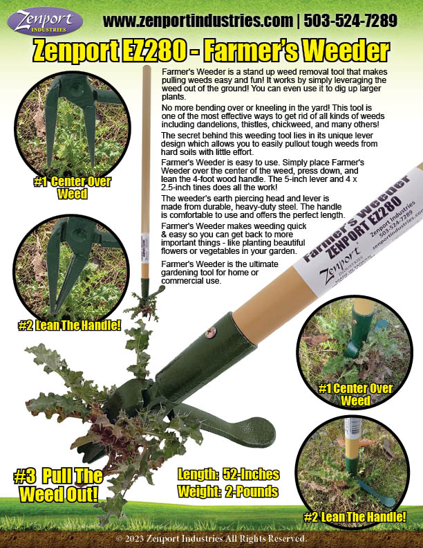 Zenport Farmers Weeder EZ280 Stand-Up Weeding Tool, 48-inch wood handle